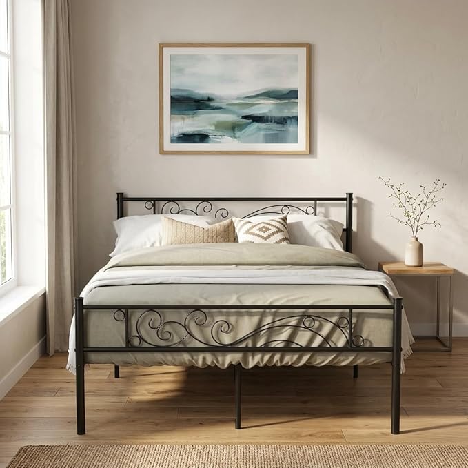 Weehom Full Size Platform Bed with Unique Flower Design Mattress Foundation Strong Metal Slats Support,Easy Assembly Black