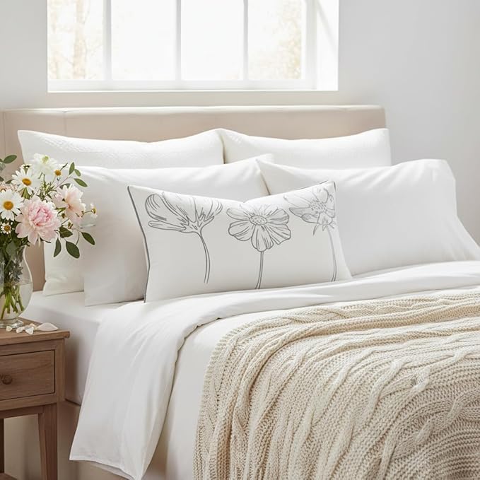 Sunkifover Decorative Floral Lumbar Pillow Cover 12x20 Inch Grey and White Cotton Embroidery Flower Throw Pillowcase Cushion Cover for Bed Bedroom, Living Room, Sofa