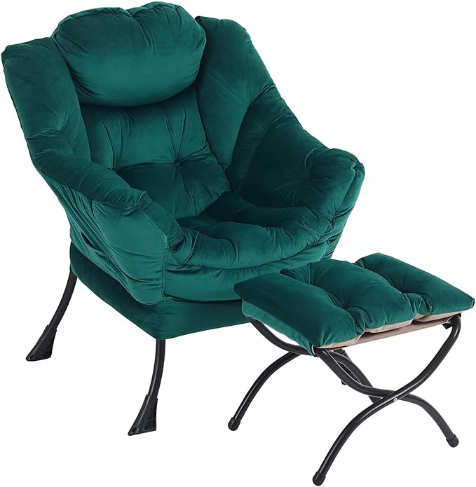 Lazy Chair with Ottoman, Modern Chair with Folding Footrest, Velvet Dark Green Accent Chair, Comfortable Reading Chair, Oversized Armchairs for Bedroom, Study, Living Room, Courtyard