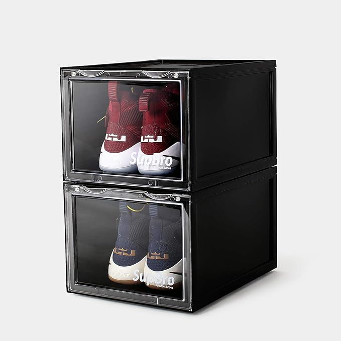 SupBro Collection Crate - Easy Access Storage Shoes Box -Plastic Foldable Stackable Sneaker Display Storage with Clear Front Door Organizer-2 Pack (Black)