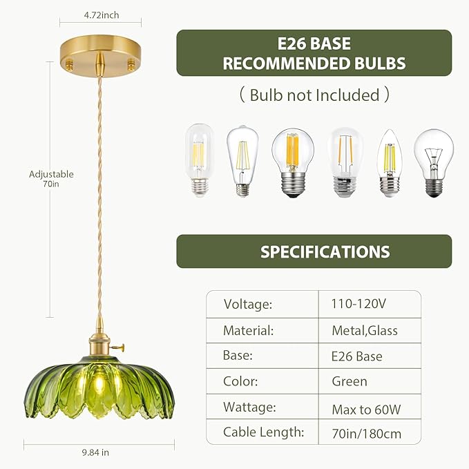 3 Pack Glass Pendant Lights Kitchen Island, Vintage Brass Pendant Light Fixtures, Adjustable Green Kitchen Pendant Lighting Over Island for Bedroom Living Room Hallway Dining Room