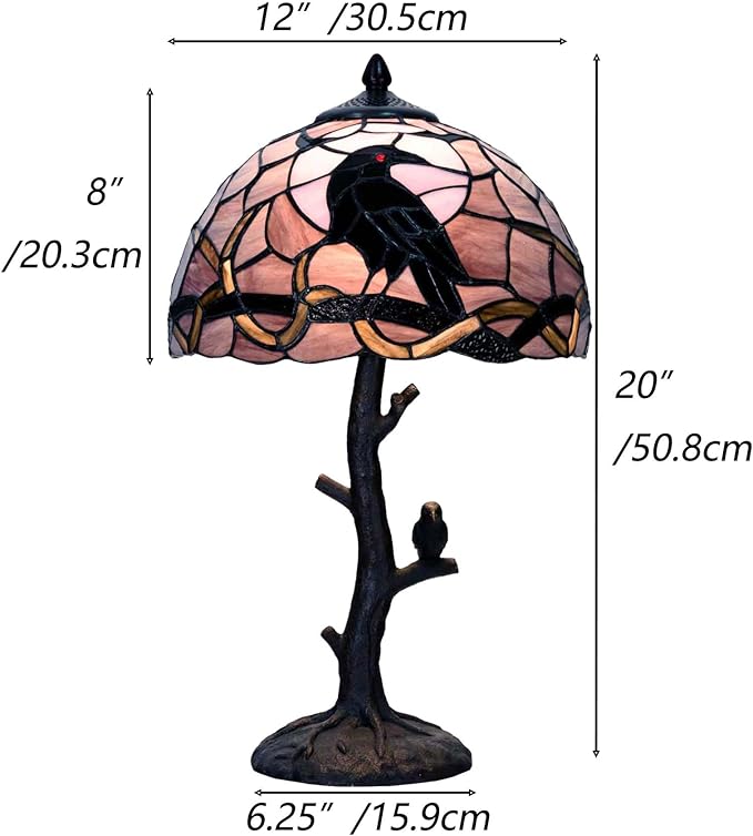 Bieye L12024 Raven Sitting on Bare Tree Branch in Full Moon Night Tiffany Style Stained Glass Table Lamp for Home Decor (Dark Purple, 12Wx20H)
