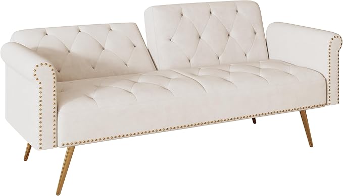 Convertible Futon Sofa Bed , Adjustable Sleeper Couch Modern Velvet Tufted Recliner Reversible Loveseat Folding Daybed Guest Bed Sofacama w/ Nailhead Trim and Golden Metal Legs for Living Room Office
