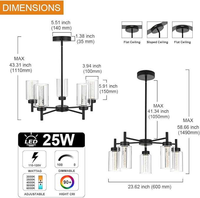 VINLUZ 5 Light LED Modern Pendant Lights, Classic Black Chandelier with Crystal Bubble Clear Glass Shade Indoor Kitchen Island Lights Fixtures for Dining Room Cafe Bar