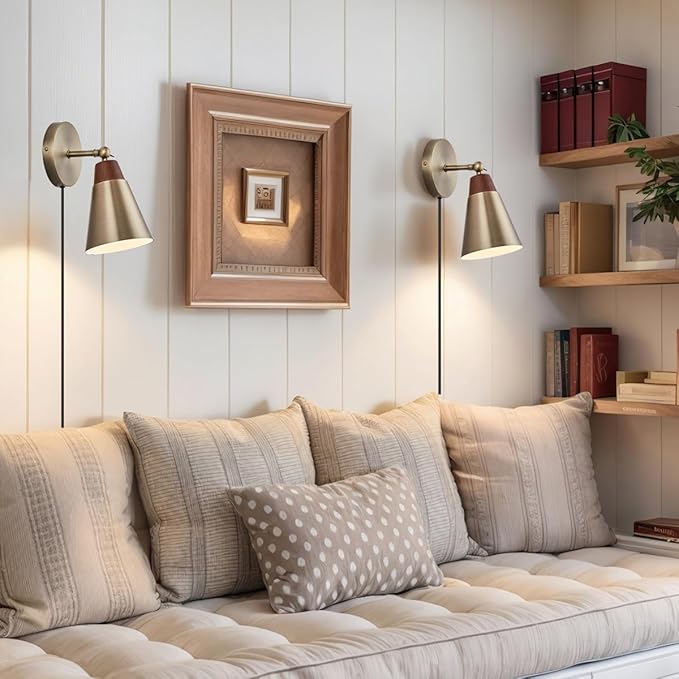 Wall Sconce Set of 2, Wall Sconce with Metal Shade, Plug Switch, Indoor Decor Wall Mount Swing Arm Lamp for Bedroom,Hallway,Living Room,Reading, Vintage Brass