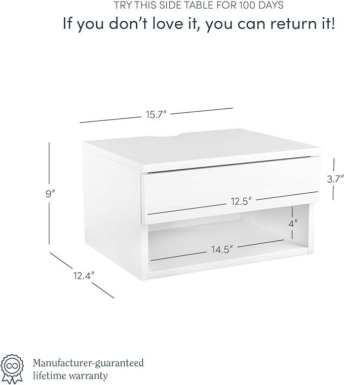Nathan James Jackson Wall Mounted Floating Bedroom Nightstand with Storage Drawer and Modern Open Shelf Cubby, White