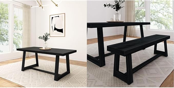 Plank+Beam 72" Farmhouse Dining Table and 60" Farmhouse Dining Bench, Solid Wood, Black Wirebrush Finish, Seats 6, Easy Assembly