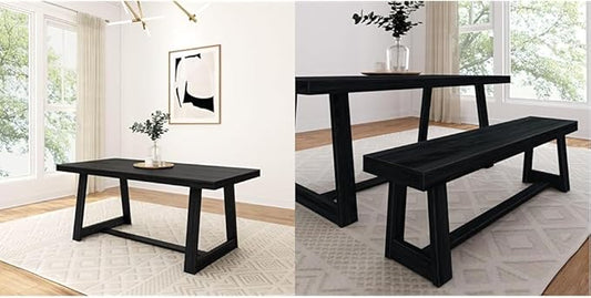 Plank+Beam 72" Farmhouse Dining Table and 60" Farmhouse Dining Bench, Solid Wood, Black Wirebrush Finish, Seats 6, Easy Assembly