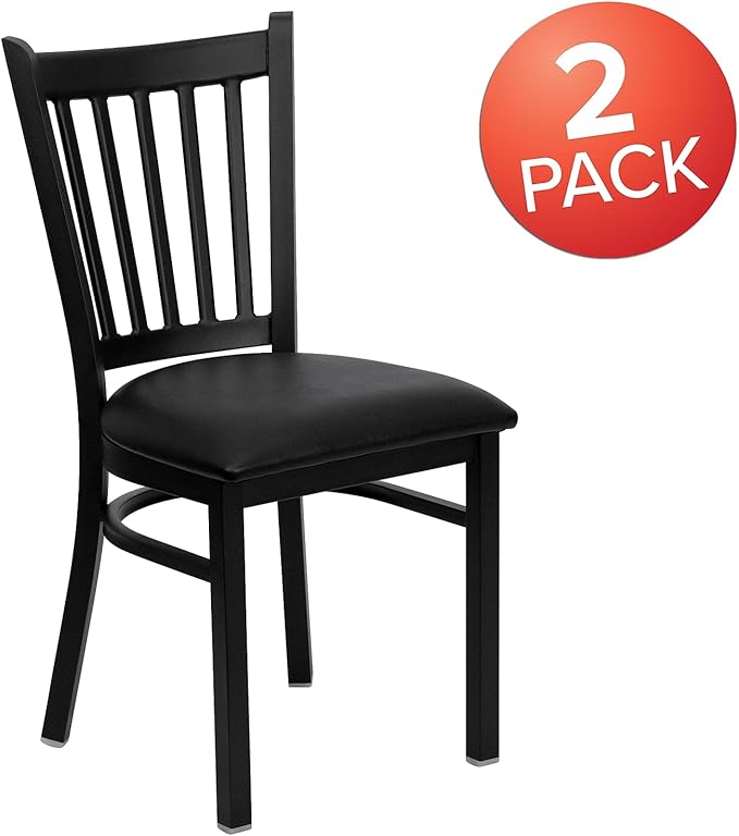 Flash Furniture Hercules Series Vertical Back Metal Restaurant Chairs, Upholstered Armless Dining Chairs for Restaurants/Kitchens, Set of 2, Black