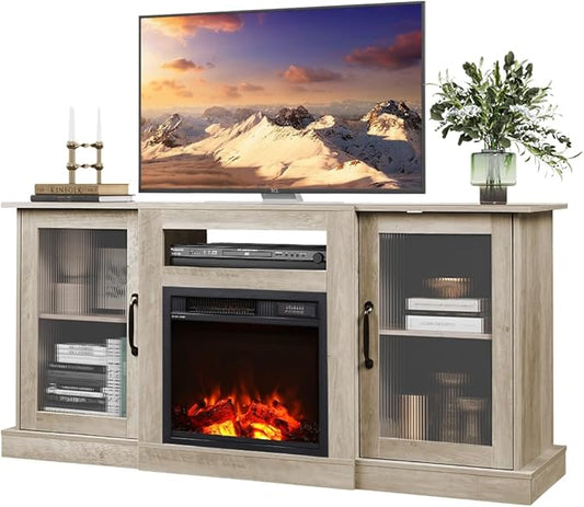 WLIVE Fireplace TV Stand for 65" TV, Entertainment Center with 18 Inch Electric Fireplace, TV Console with Open Shelves for Living Room and Bedroom, Greige
