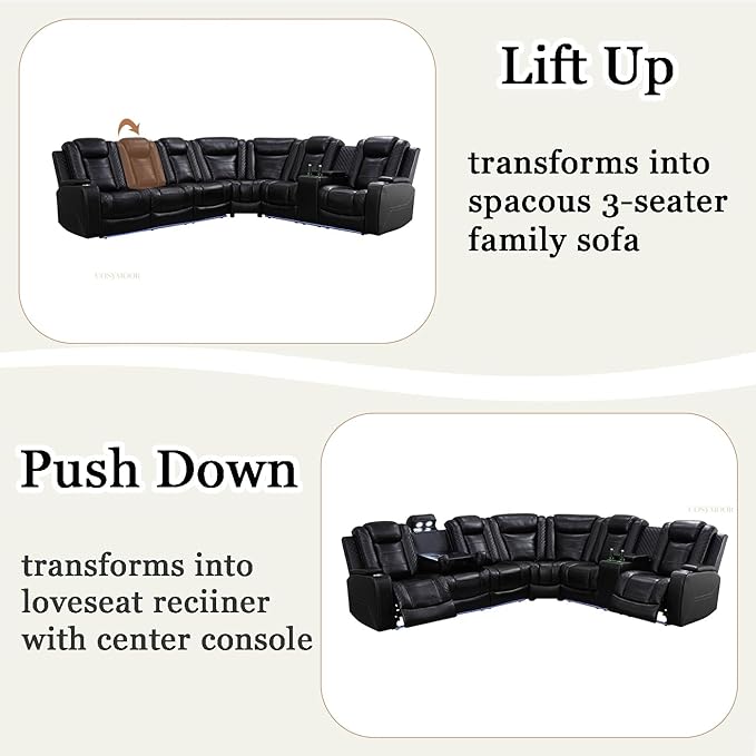 Power Reclining Sectional Sofa Set with LED Light, Leather Sectional Couches, Living Room Furniture Sets, Modern Power Recliner Sofa Sets with 3 Recliner Seater, Couches for Living Room