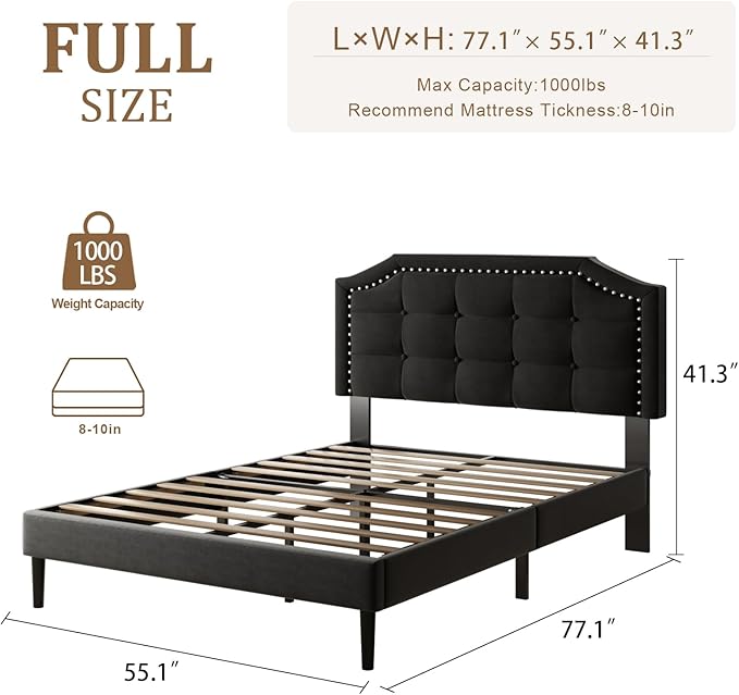 Full Size Bed Frame, Full Size Platform Bed Frame with Upholstered Button Tufted Headboard, Strong Wood Slats, No Box Spring Needed, Mattress Foundation, Easy Assembly Black