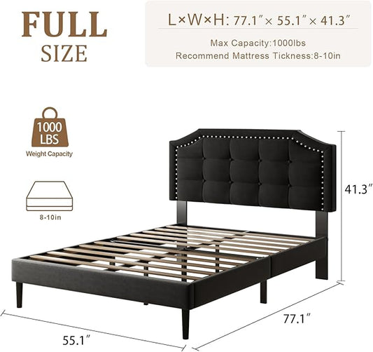 Full Size Bed Frame, Full Size Platform Bed Frame with Upholstered Button Tufted Headboard, Strong Wood Slats, No Box Spring Needed, Mattress Foundation, Easy Assembly Black