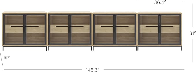 Nathan James Mackenna Metal and Glass Sideboard Accent Cabinet with Two Doors, Oak Credenza for Kitchen or Living Room Set of 4