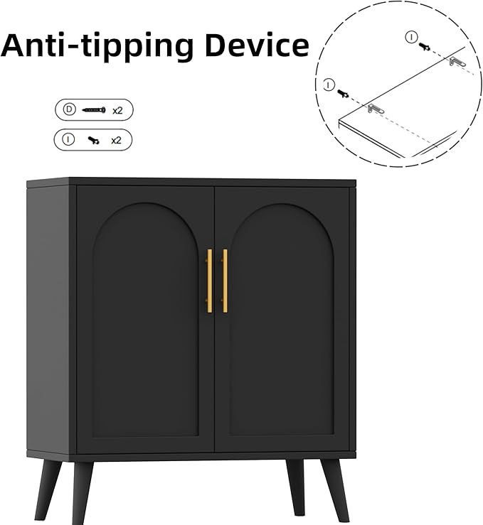 15.7" D Black Buffet Cabinet with Storage, Boho Buffet Sideboard with Adjustable Shelf and Solid Wood Legs, Accent Floor Storage Cabinet for Kitchen, Living Room, Natural
