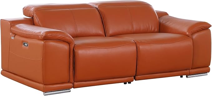 Blackjack Furniture Venice Top Grain Italian Leather Recliner 5 Seater 4 Power Reclining Seater 2 Piece Sofa Set with Adjustable Headrests Modern Seating Sofa and Loveseat for Living Room , Camel