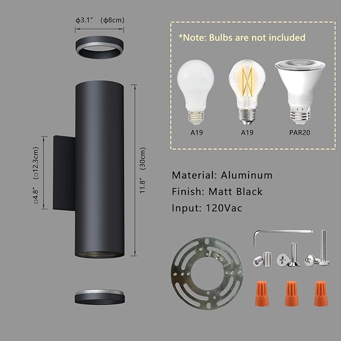 Outdoor Wall Lights, E26 Base, Aluminum Waterproof Modern Wall Sconces Cylinder Design, Black Modern Up and Down Wall Light Fixture Wall Sconces for Living Room,Garage, Porch and Patio