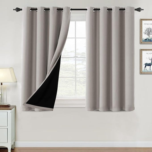 H.VERSAILTEX 100% Blackout Curtains for Bedroom Thermal Insulated Blackout Curtains 45 inch Length Heat and Full Light Blocking Curtains for Living Room with Black Liner 2 Panels Set, Warm Taupe