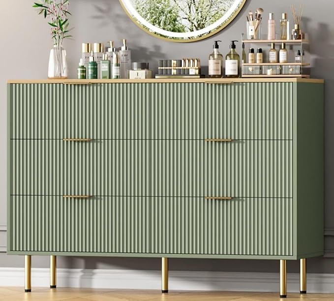 GAOMON 6 Drawer Dresser for Bedroom Chest of Drawers, 47" Wide Fluted Dresser with Drawers, Modern Wooden Double Dressers with Metal Handles for Living Room, Hallway