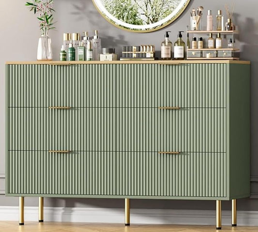 GAOMON 6 Drawer Dresser for Bedroom Chest of Drawers, 47" Wide Fluted Dresser with Drawers, Modern Wooden Double Dressers with Metal Handles for Living Room, Hallway