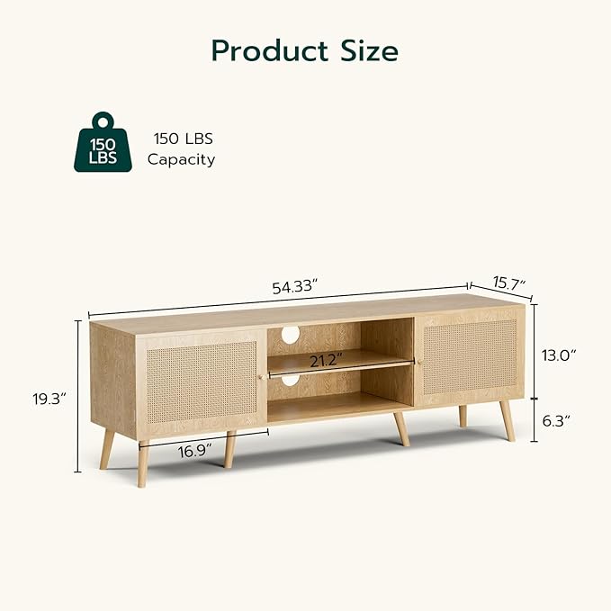 TV Stand for TVs up to 65'', Entertainment Center With Rattan Door, Shelves & 2 Cabinets, Long Boho Media Console for Living Room, Natural