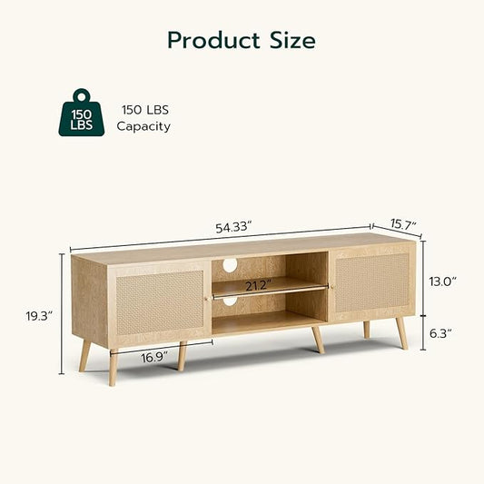 TV Stand for TVs up to 65'', Entertainment Center With Rattan Door, Shelves & 2 Cabinets, Long Boho Media Console for Living Room, Natural
