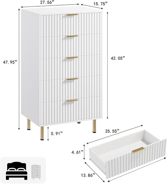 GarveeHome Fluted 5 Drawer Dresser for Bedroom, 48 in Tall Modern Chest of Drawers with Deep Drawers and Wide Top, Wooden Dresser Organizer for Living Room, Hallway, Kids Room, White