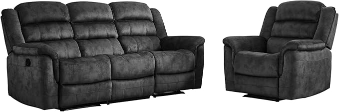 EBELLO 2 Pieces Reclining Couch Furniture Set, Soft Fabric Manual Recliner Sofa Home Theater Seating, Included Recliner Chair and 3 Seat Sofa, Grey