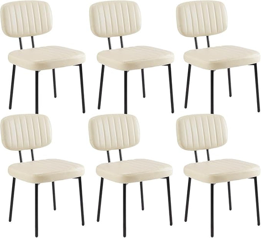 Sweetcrispy Dining Chairs Set of 6, Upholstered Mid Century Modern Kitchen Accent Chairs with Faux Leather Cushion Seat & Metal Legs for Home Office, Living Room - Beige White