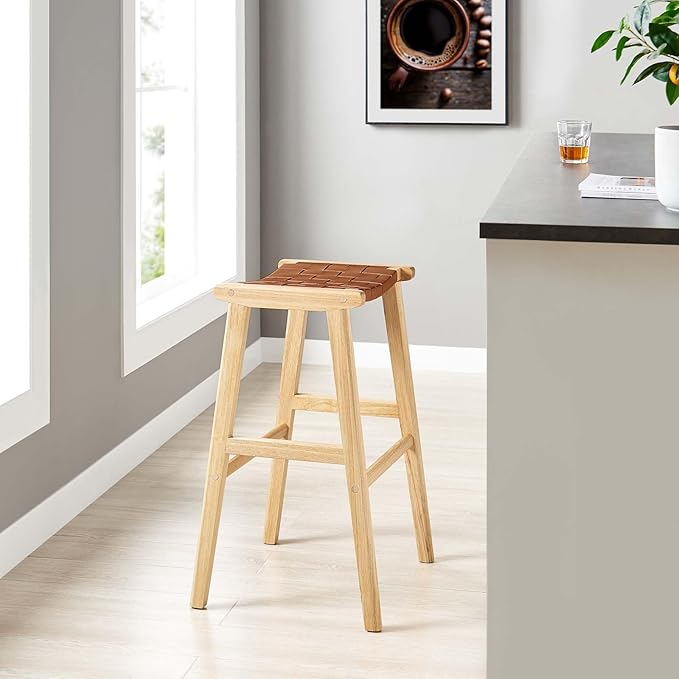 Modway Saoirse Faux Leather Wood Bar Stool - Set of 2 in Natural Brown