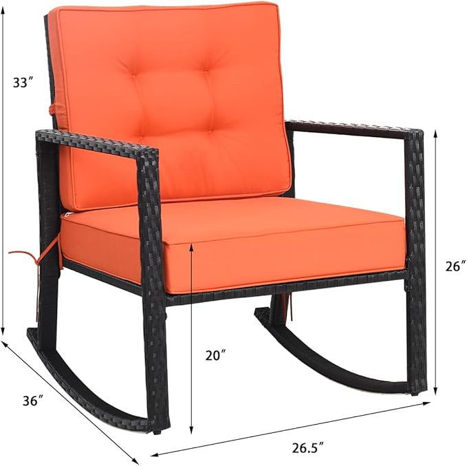Tangkula Wicker Rocking Chair, Outdoor Glider Rattan Rocker Chair with Heavy-Duty Steel Frame, Patio Wicker Furniture Seat with 5” Thick Cushion for Garden, Porch, Backyard, Poolside (2, Orange)