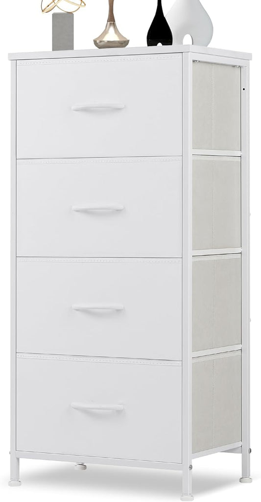 DUMOS Dresser for Bedroom, 4 Storage Drawers, Tall Fabric Closet Chests Organizer Tower Furniture with Wooden Top Metal Frame for Clothes, Living Room, Hallway, Entryway