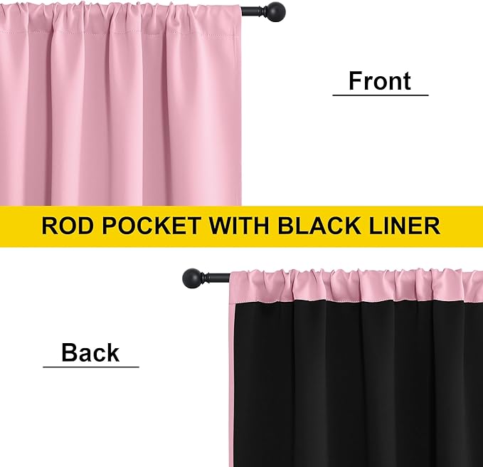 NICETOWN Crystal Pink Blackout Curtains for Girls Bedroom, 52x84 Inches 2 Panels Energy Efficient Thermal Insulated Drapes, Rod Pocket Black Lined Window Treatment, Double Layer Shading