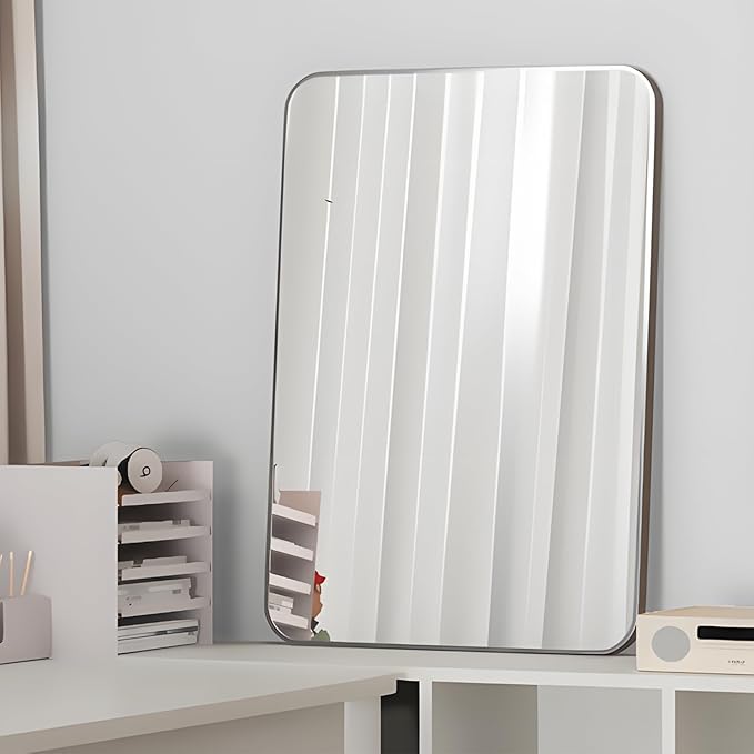 Manocorro Wall Mirror Bathroom Mirror, 20 x 28 Inch Silver Rectangular Mirror with Aluminum Alloy Frame, Rounded Corner Hanging Mirror Decor for Entryway, Bedroom, Living Room, Silver
