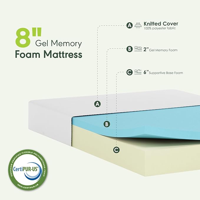 Furinno Tidur Cooling Gel Memory Foam Mattress, 8 Inch, Queen, White