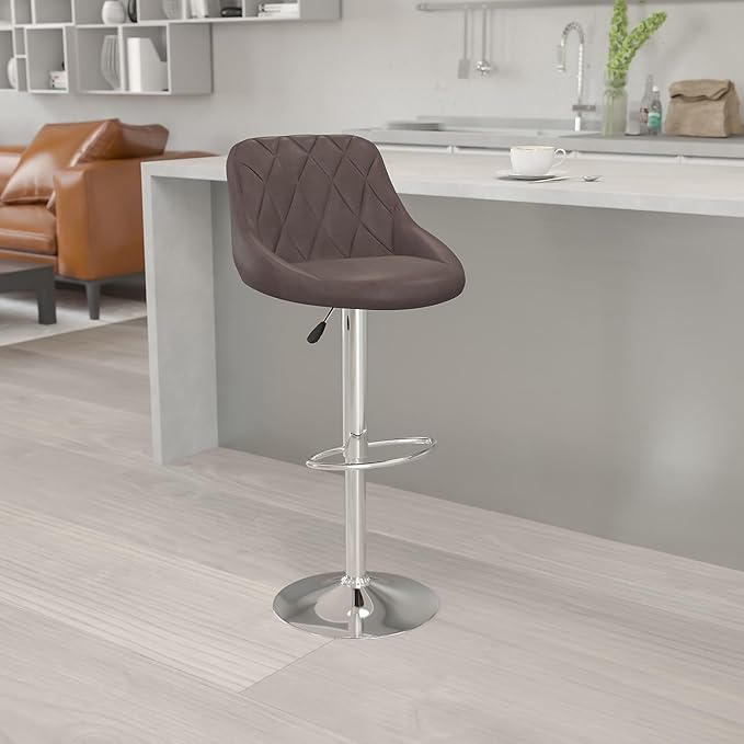Flash Furniture Contemporary Brown Vinyl Bucket Seat Adjustable Height Barstool with Diamond Pattern Back and Chrome Base