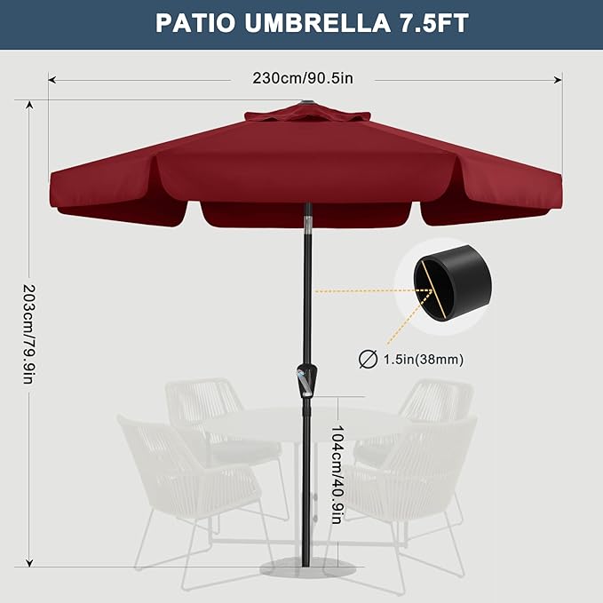 COOSHADE 7.5FT Outdoor Garden Table Umbrella Patio Umbrella Market Umbrella,Crank Open, Push Button 3-Way Tilt,Great for Garden, Deck, Backyard and Pool, 8 Ribs(Burgundy)