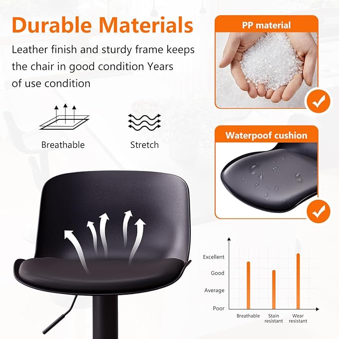 Kidol & Shellder Bar Stools Set of 2 Black Adjustable Swivel Counter Height Stools, Modern PU Leather Upholstered with Backs Barstools for Kitchen Island