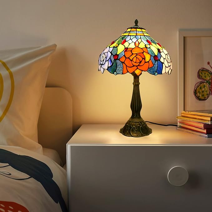 Tiffany Table Lamp Stained Glass Peony Flower Style Table Light, 12" Wide 19" Tall Handmade Bedside Table Night Lamp, Antique Art Craft Gifts for Living Room Bedroom Study Bookcase Desk Light