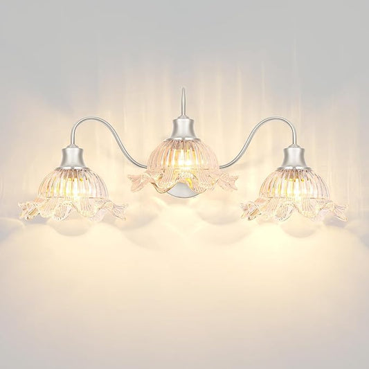 3-Light Bathroom Vanity Light, Brushed Nickel Vintage Vanity Light Fixtures Over Mirror, Bathroom Light with Flower Crystal Glass Shade, Art Deco Wall Sconce Lighting for Bedroom, Living Room