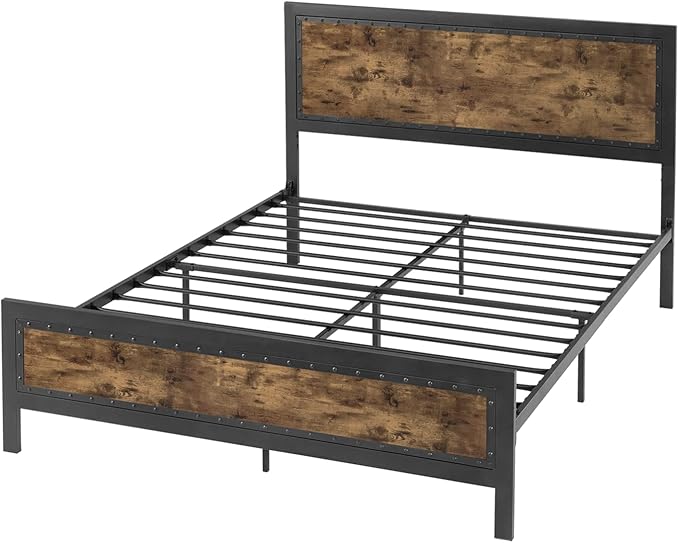 SHA CERLIN Grey Metal Bed Frame Queen, Industrial Wooden Platform Base with Rivet Headboard and Footboard, No Box Spring Needed