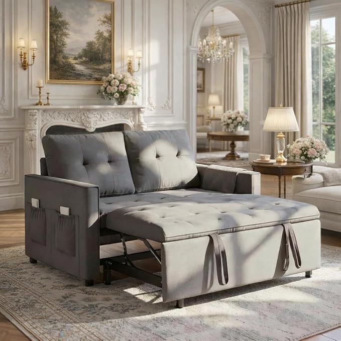 Sofa Bed, Pull Out Couch with Side Pockets, 3 in 1 Velvet Fabric Loveseat Sleeper Sofa Bed, Pull Out Couch with Adjustable Backrest for Living Room, Bedroom, Apartment, Gray, 53 Inch