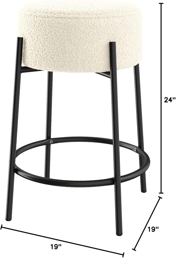 Nathan James Isaac 24" Modern Backless Bar Stool with Round Soft Padded Boucle Seat and Metal Mid-Century Base, Boucle White/Black, Set of 4