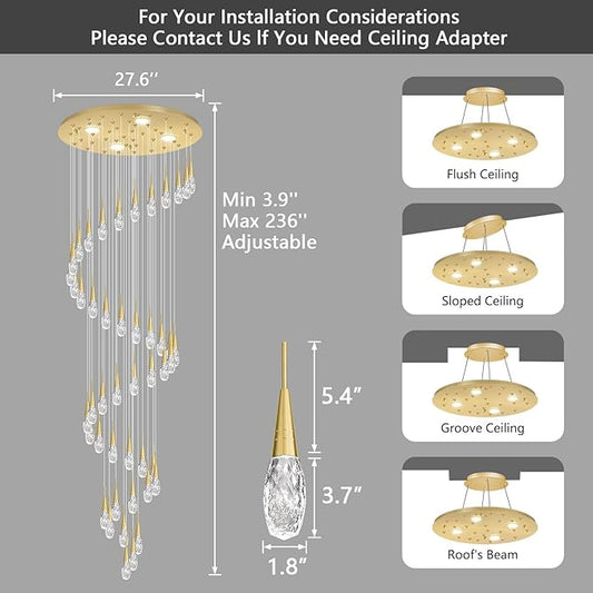46-Lights 19 Feet Large Modern Chandelier LED Light Fixtures High Ceiling Long Light Chandelier for Entrance Foyer Dimmable Lights with Remote Living Room Ceiling Pendant Lighting Shine Gold