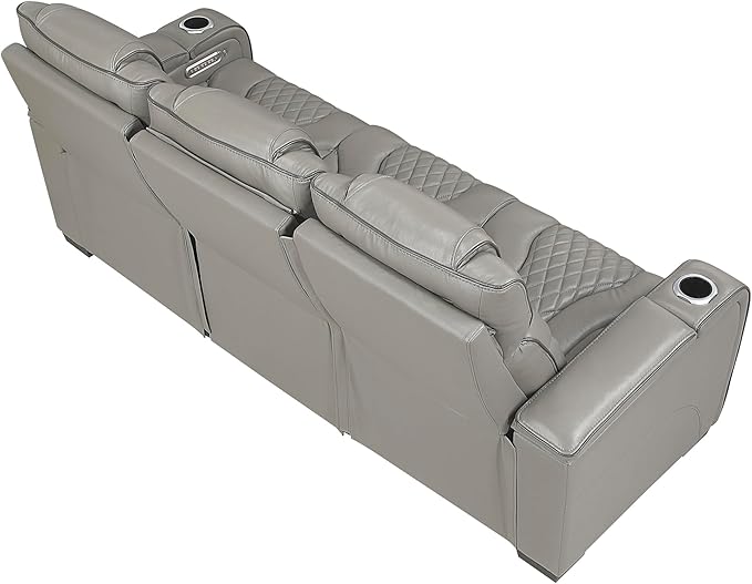 Lexicon Power Double Reclining Sofa, Center Drop-Down Table with Heat/Massage/Headrest/Storage Arms/Cup Holders/LED Lights/Wireless Charging, Top Grain Leather Match Wall Hugger Recliner Sofa, Grey