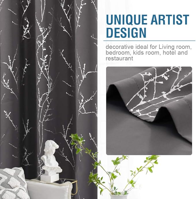 H.VERSAILTEX Blackout Curtains for Bedroom Foil Print Twig Tree Branch Thermal Insulated Grommet Curtains Light Blocking Thick Soft Window Curtains for Living 52 x 84 Inch, 2 Panels, Charcoal Gray