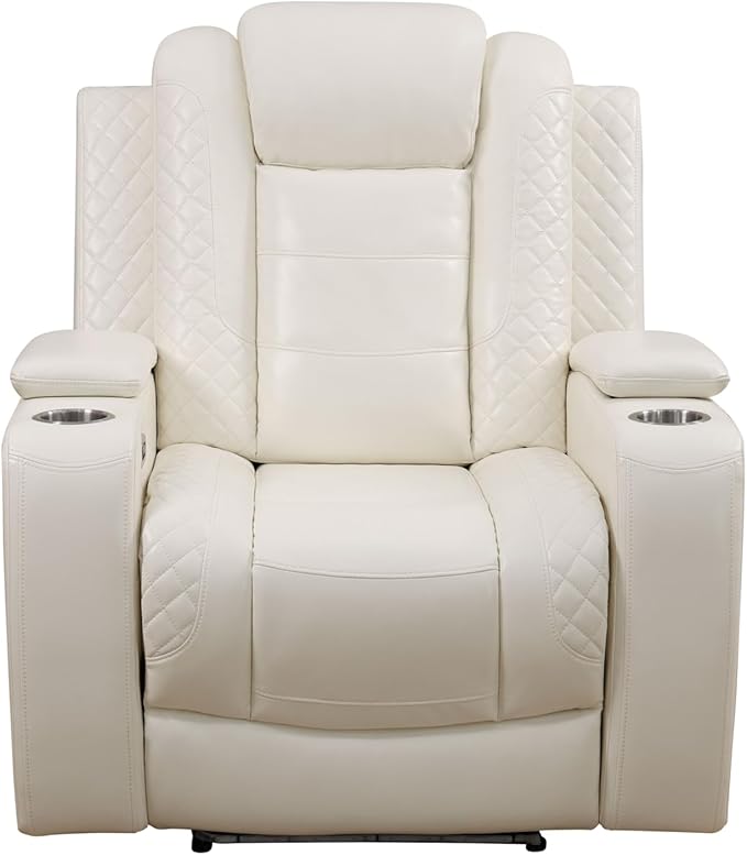Power Recliner Chair for Living Room, Breathing Leather Reclining Chair with LED Lighting, USB Charging Port and Armrest Hidden Storage (Cream White,Upgared)
