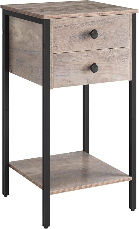 HOOBRO Tall Nightstand, End Table with 2 Drawers and Storage Shelf, Industrial Telephone Side Table for Study, Bedroom, Space Saving, Easy Assembly, Greige and Black BG72BZ01