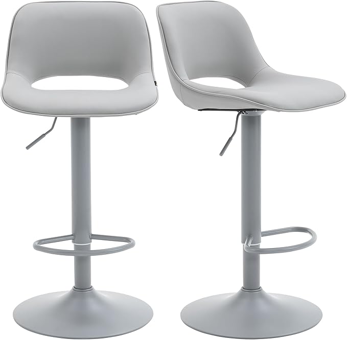 YOUNIKE Bar Stools Set of 2 All Grey Swivel Barstools, Compact Adjustable Counter Height Bar Stools Faux Leather Upholstered Counter Stools with Hollow Back for Kitchen Island