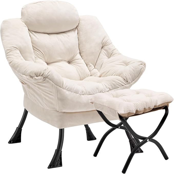Lazy Chair with Folding Ottoman,Leisure Sofa Chair,Soft Fabric Armchair with Armrests and Side Pockets, Reading Chair with Footrest for Living Room, Bedroom, Office (Plush Beige)